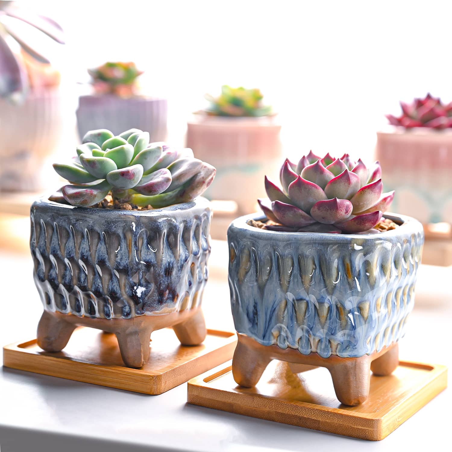 unusual succulent pots Flow Glaze Bubble Sunken Ceramic Pots with Drainage and Bamboo Tray
