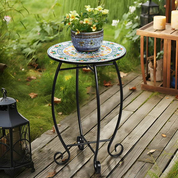 Jasmine Mosaic Round Side End Table Plant Stand, CMS-1402, 14"