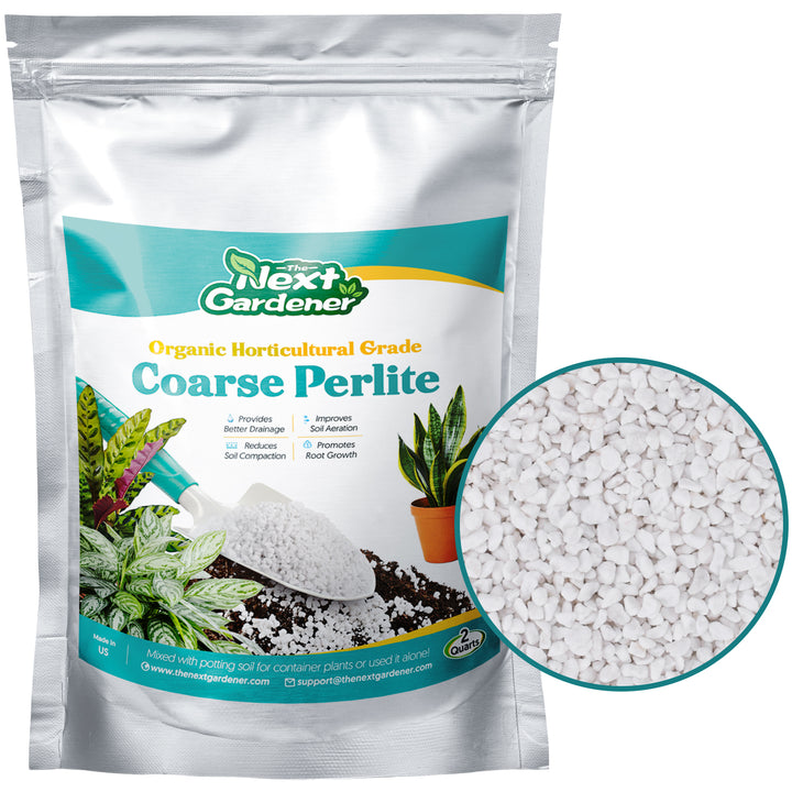 2 quarts of perlite is packed in one tin bag printed with houseplants and The Next Gardener brand logo